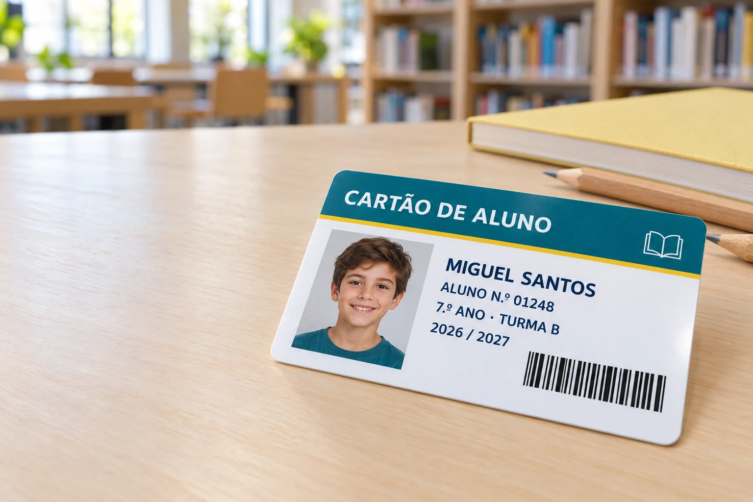 Exemplo ilustrativo de cartão de aluno em PVC numa biblioteca escolar