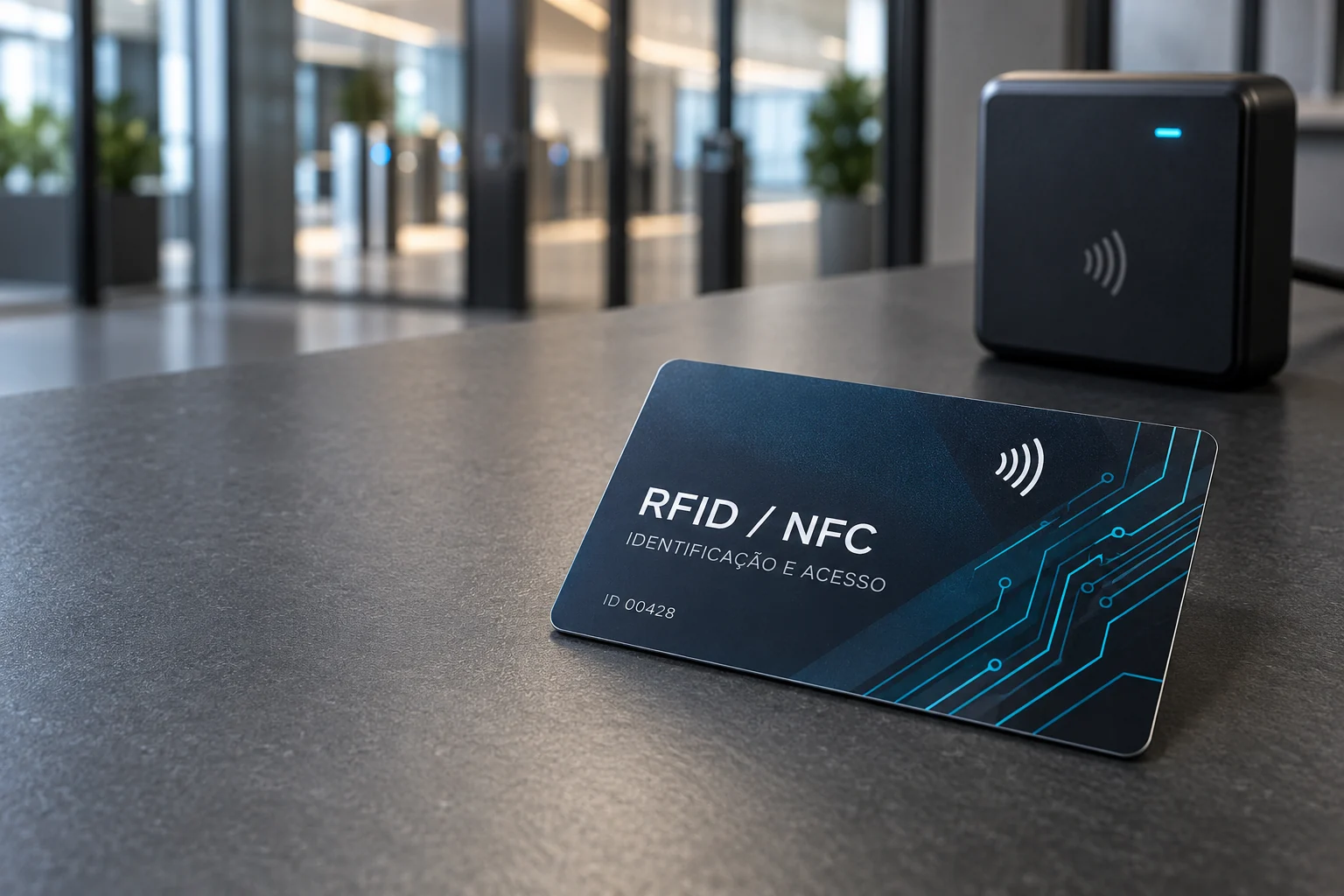 Exemplo ilustrativo de cartão RFID/NFC personalizado junto de um leitor contactless