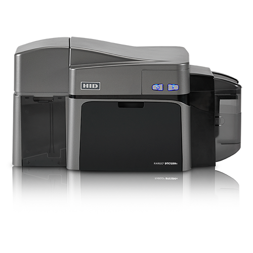 Impressora de cartões PVC HID Fargo DTC1250e vista de frente com output hopper
