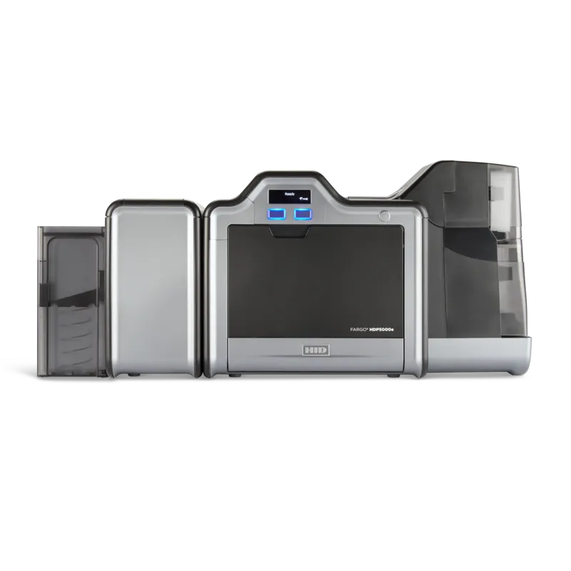 Impressora de cartões PVC HID Fargo HDP5000e vista de frente com dual-hopper