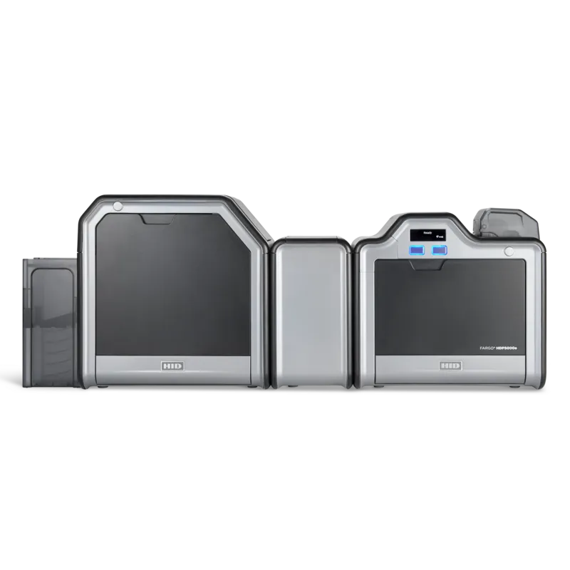 Impressora de cartões PVC HID Fargo HDP5000e vista de frente com módulo de laminação